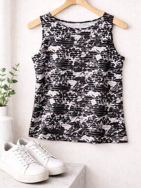Talbots Stretch Tank Top Black White Print | Athletic Casual | Size S